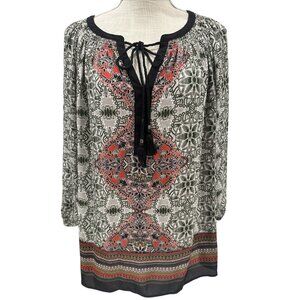 Dr2 Bohemian Paisley Tunic Top With Tassel Tie Neckline & Elastic Cuffs size xl